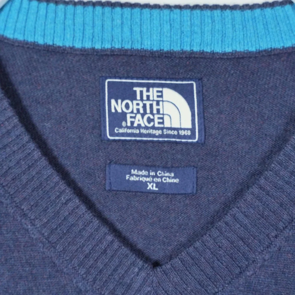 The North Face Mens XL V-Neck Sweater Navy Blue Wool Blend Pullover TCJ4+TMJ4